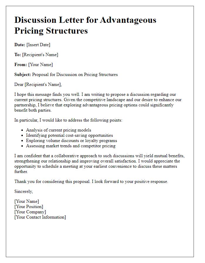 Letter template of discussion for advantageous pricing structures