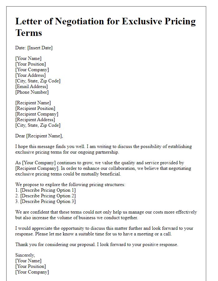 Letter template of negotiation for exclusive pricing terms