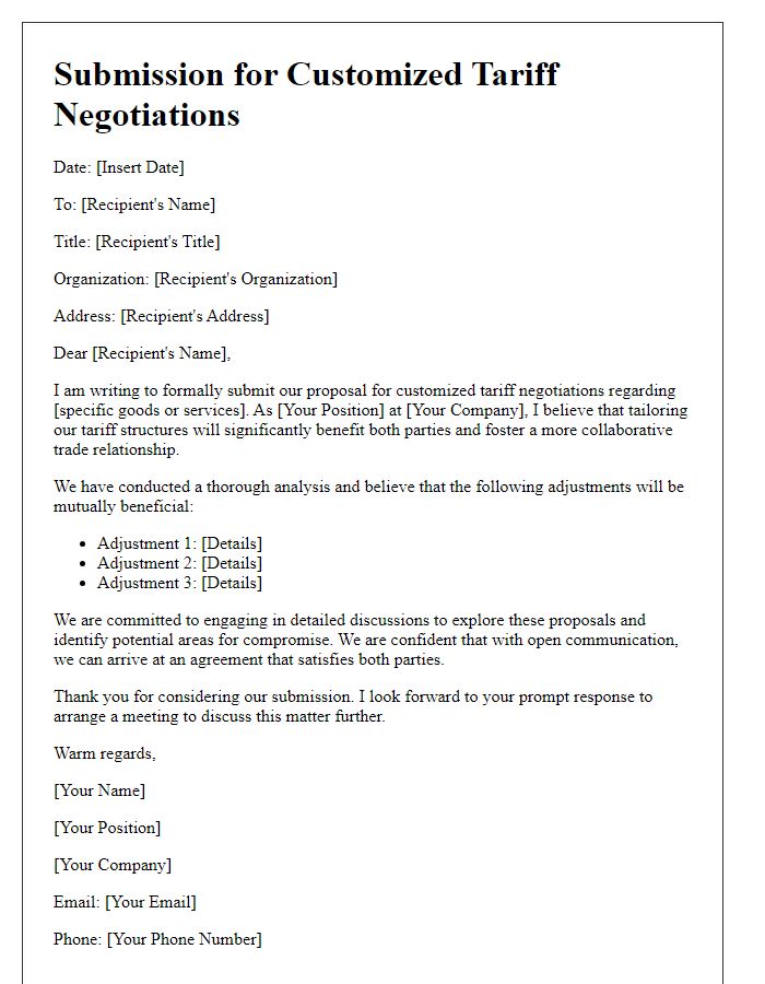 Letter template of submission for customized tariff negotiations