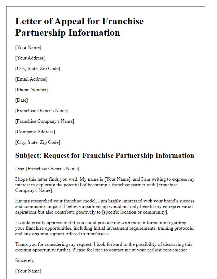 Letter template of appeal for franchise partnership information