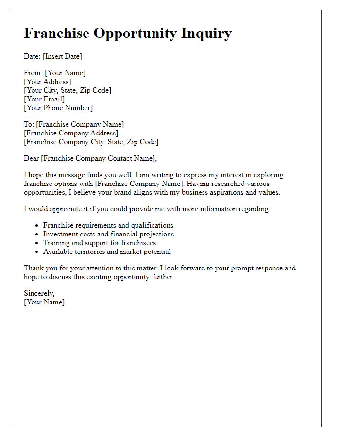 Letter template of correspondence for franchise options