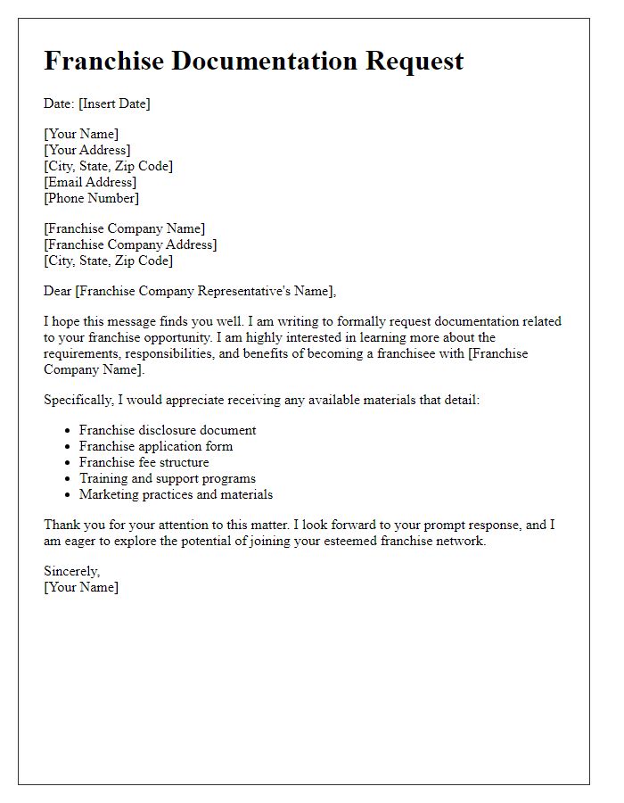 Letter template of request for franchise documentation