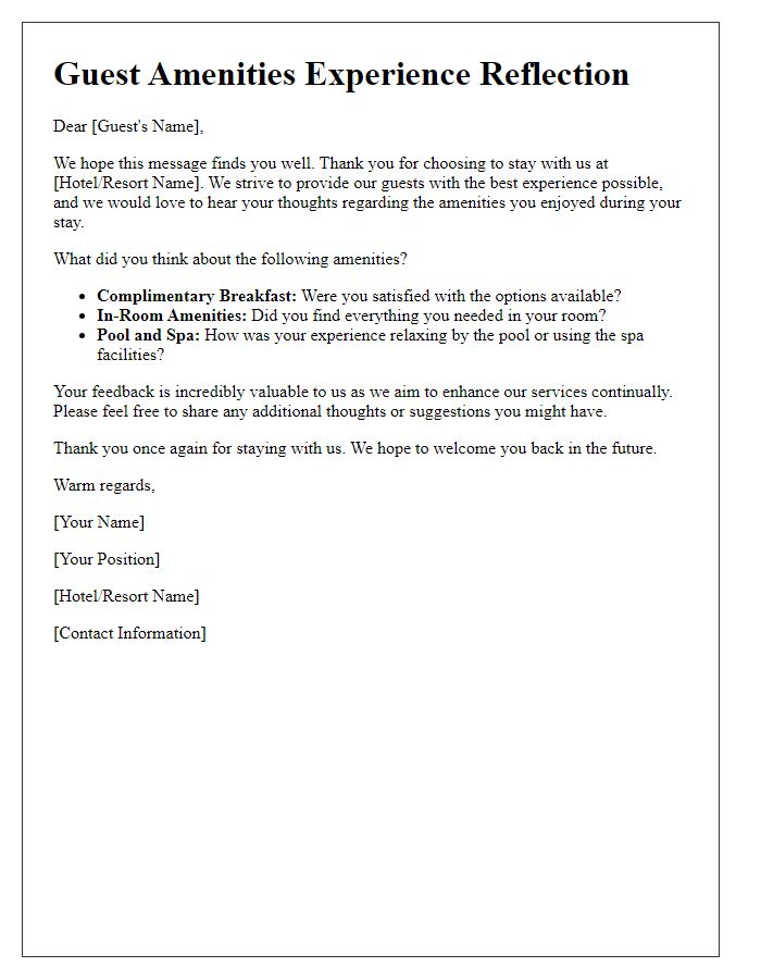 Letter template of guest amenities experience reflection.