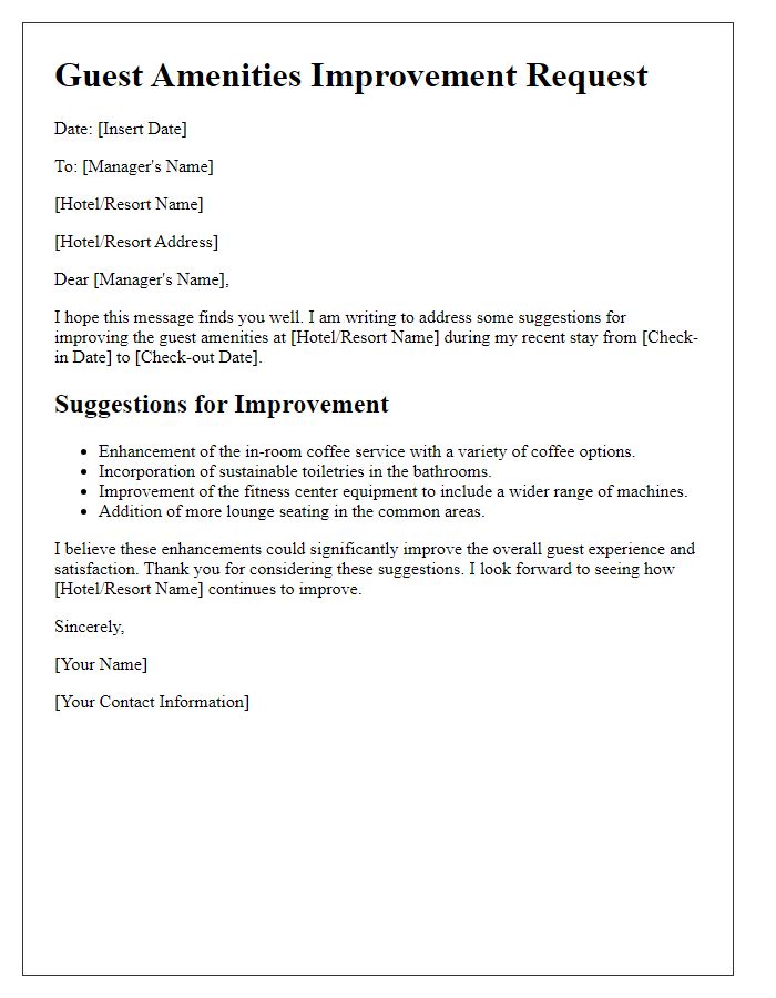 Letter template of guest amenities improvement request.