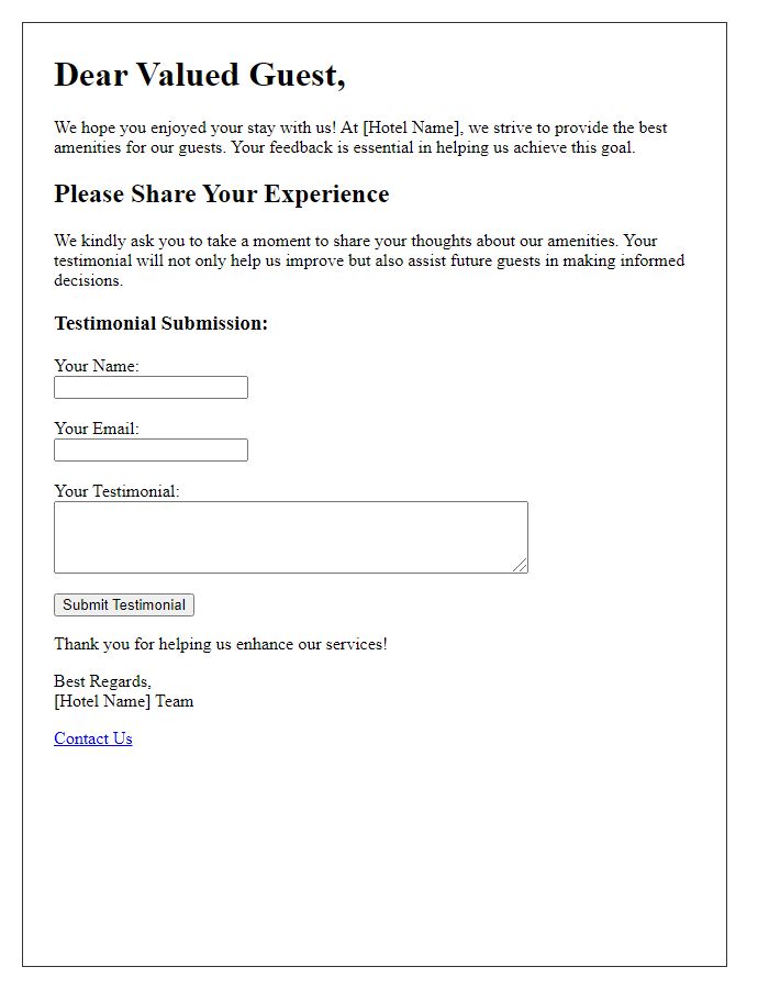 Letter template of guest amenities testimonial collection.