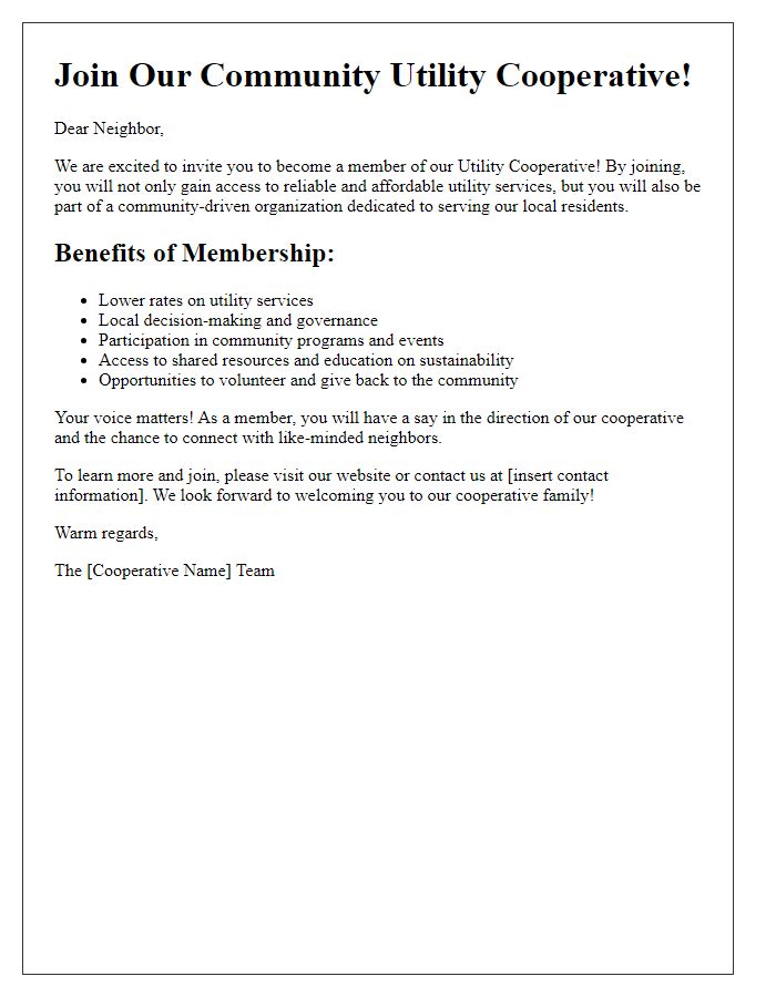 Letter template of utility cooperative membership invitation emphasizing community benefits.