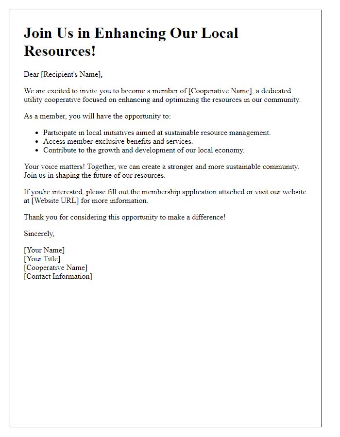 Letter template of utility cooperative membership invitation focused on enhancing local resources.