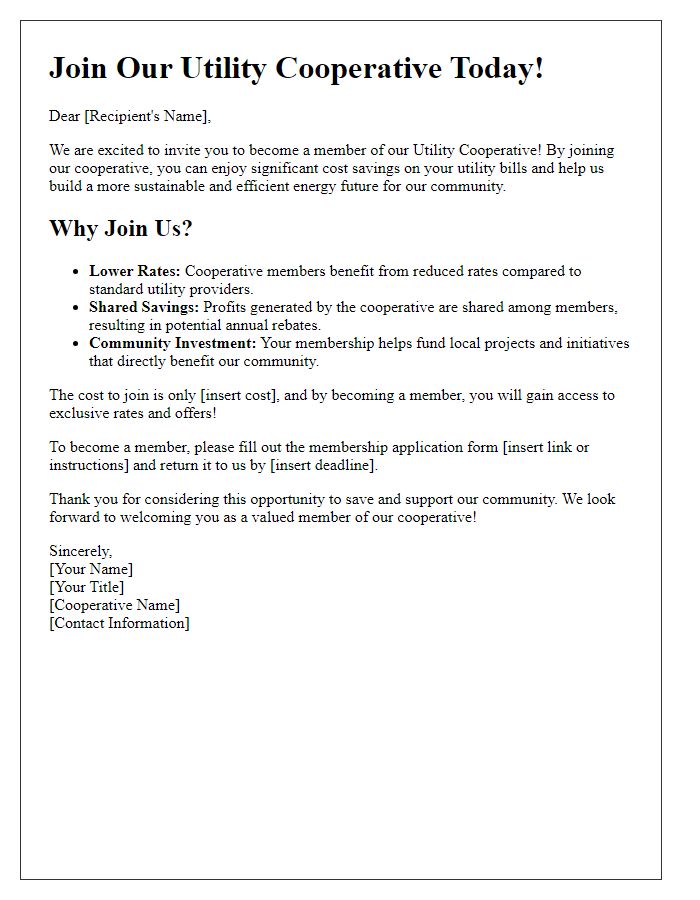 Letter template of utility cooperative membership invitation highlighting cost savings.