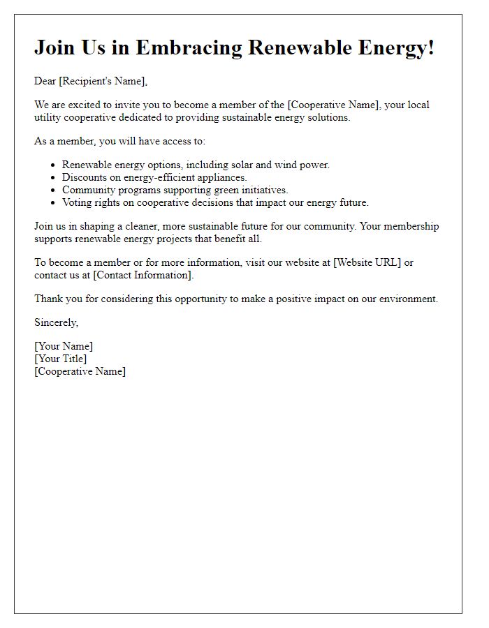 Letter template of utility cooperative membership invitation promoting renewable energy options.