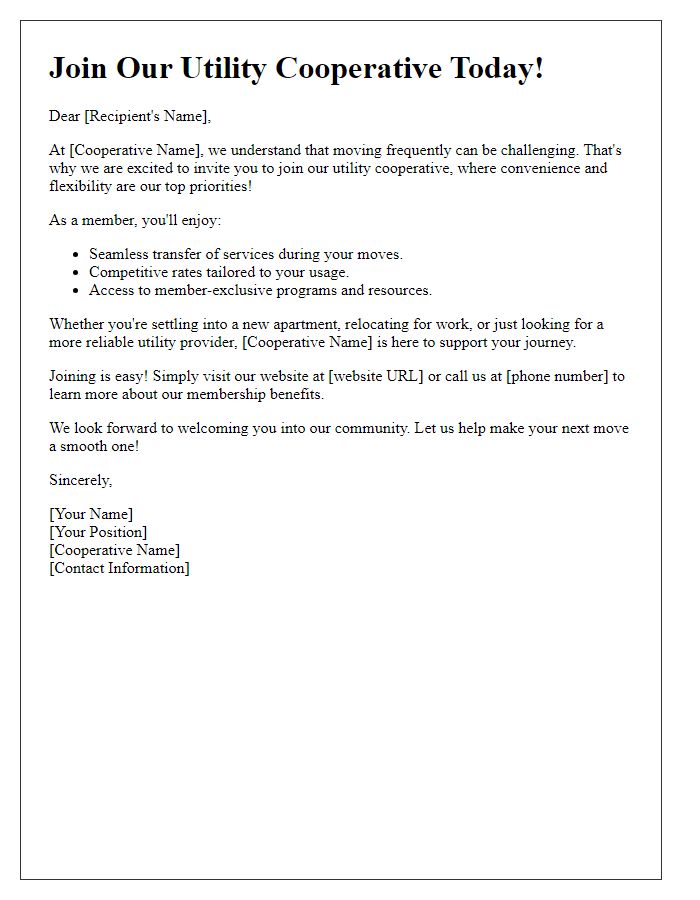 Letter template of utility cooperative membership invitation tailored for frequent movers.