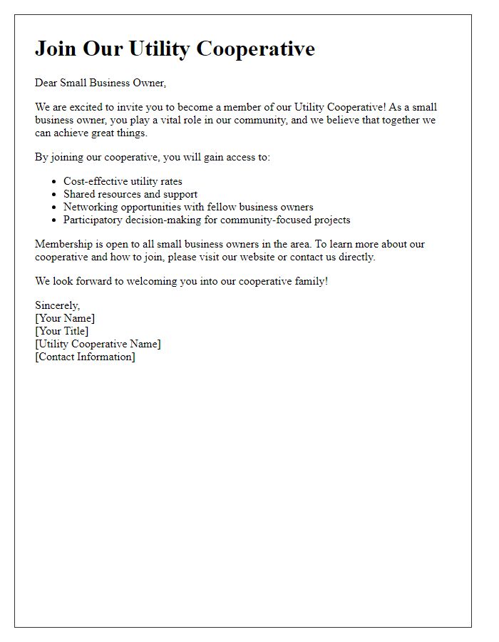 Letter template of utility cooperative membership invitation targeting small business owners.