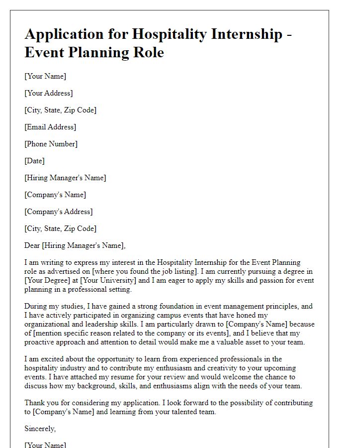 Letter template of hospitality internship application for event planning role.