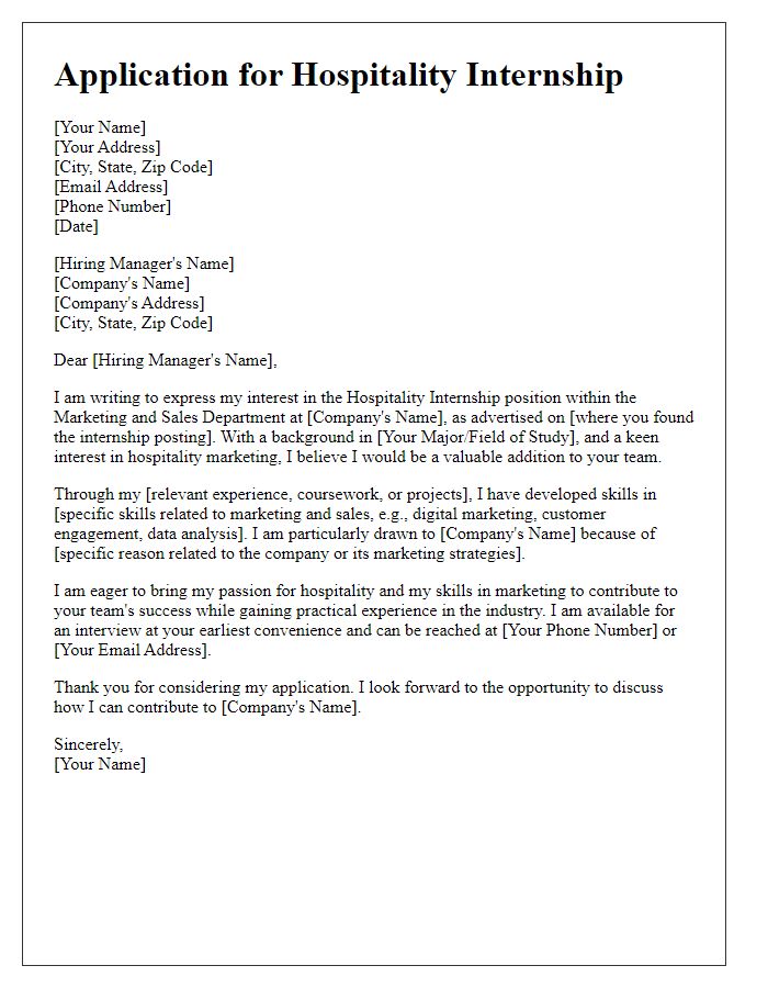 Letter template of hospitality internship application for marketing and sales department.