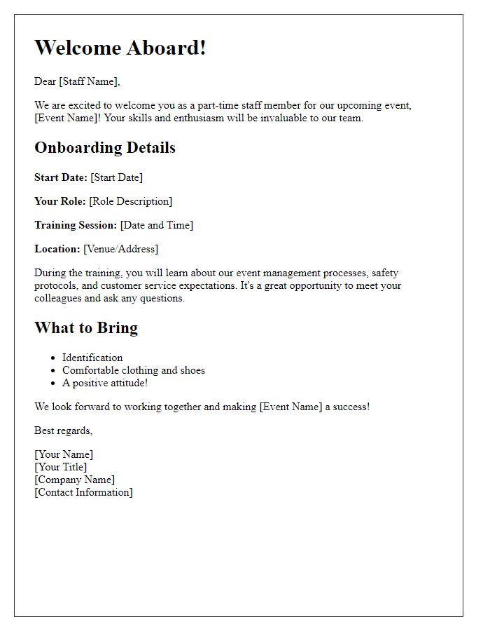 Letter template of part-time staff onboarding for event management