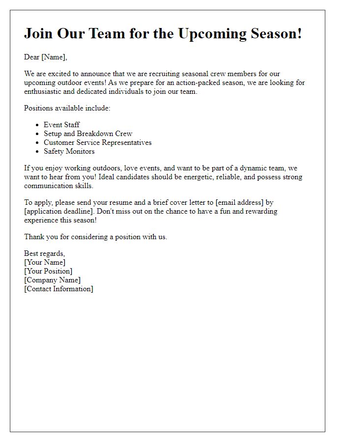 Letter template of seasonal crew recruitment for outdoor events