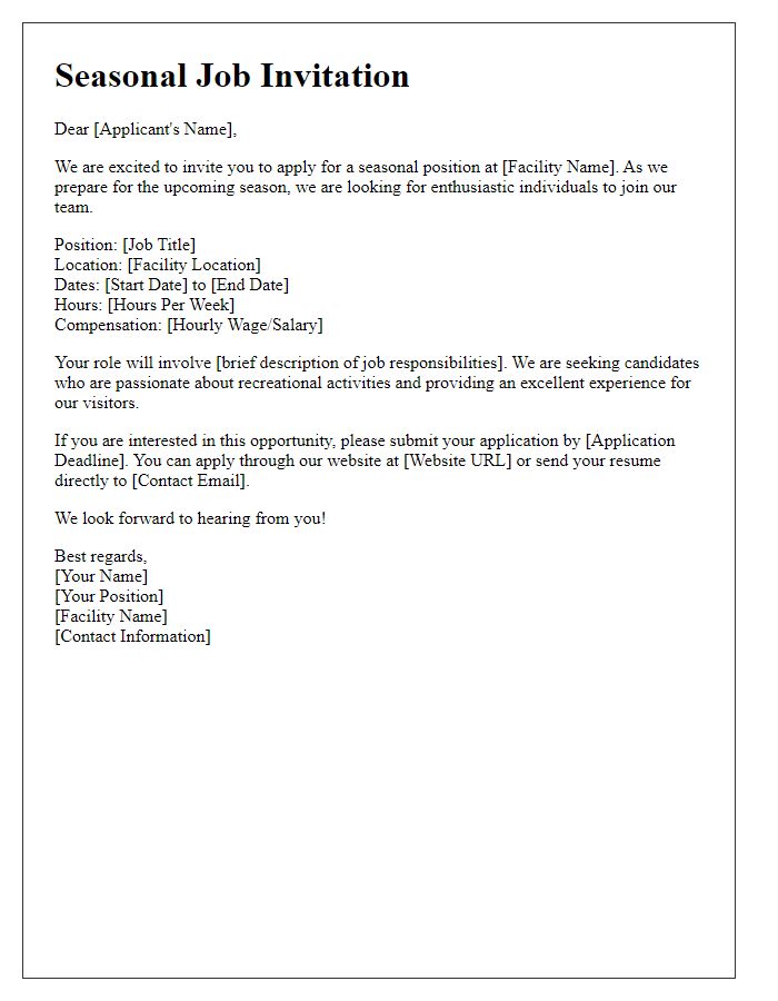 Letter template of seasonal job invitation for recreational facilities