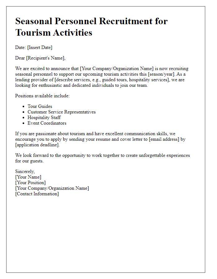 Letter template of seasonal personnel recruitment for tourism activities