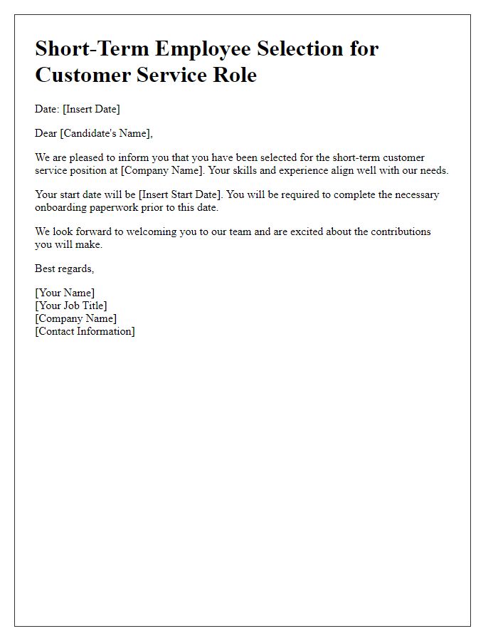 Letter template of short-term employee selection for customer service roles