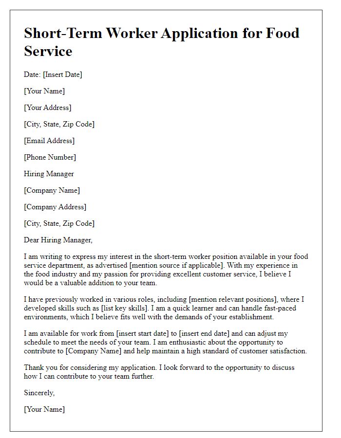 Letter template of short-term worker application for food service