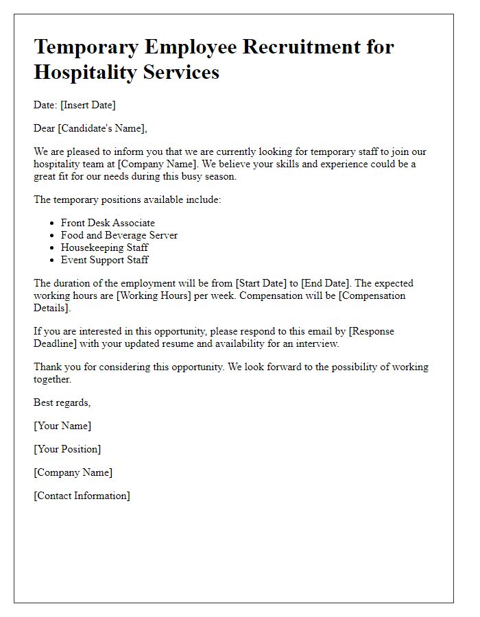 Letter template of temporary employee recruitment for hospitality services