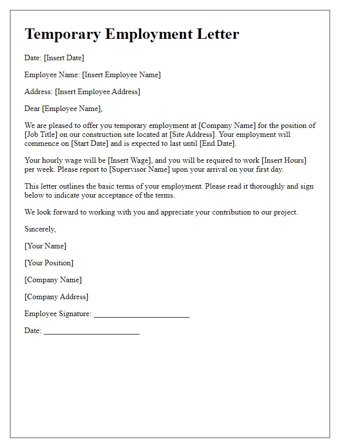 Letter template of temporary staff employment for construction sites