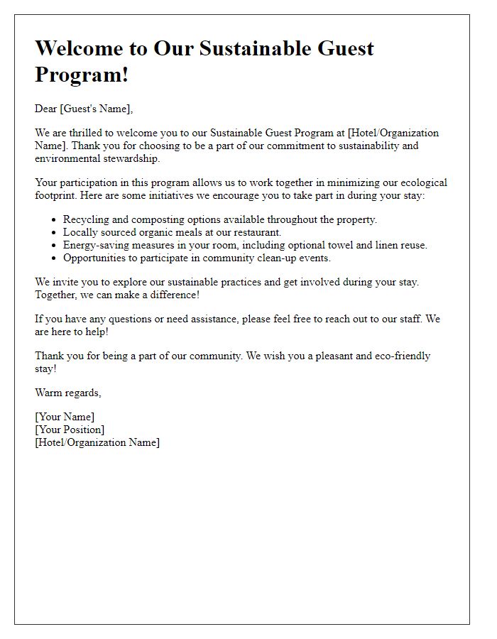 Letter template of Sustainable Guest Program Welcome