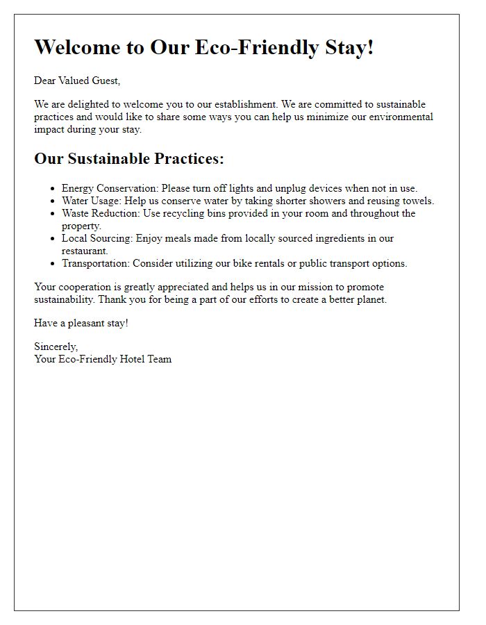 Letter template of Sustainable Practices for Guests