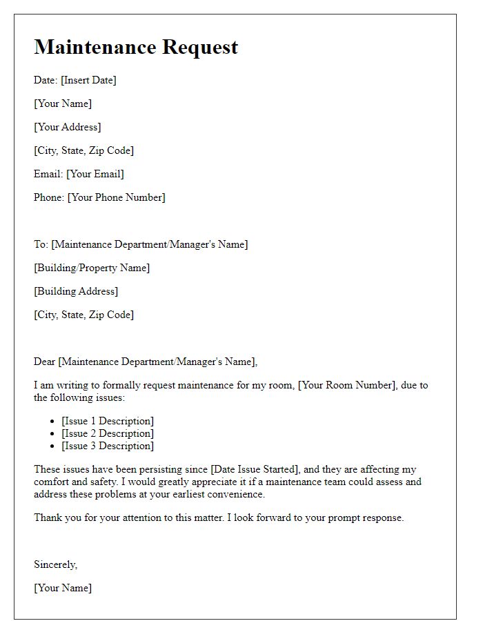 Letter template of Formal Maintenance Request for Room Issues