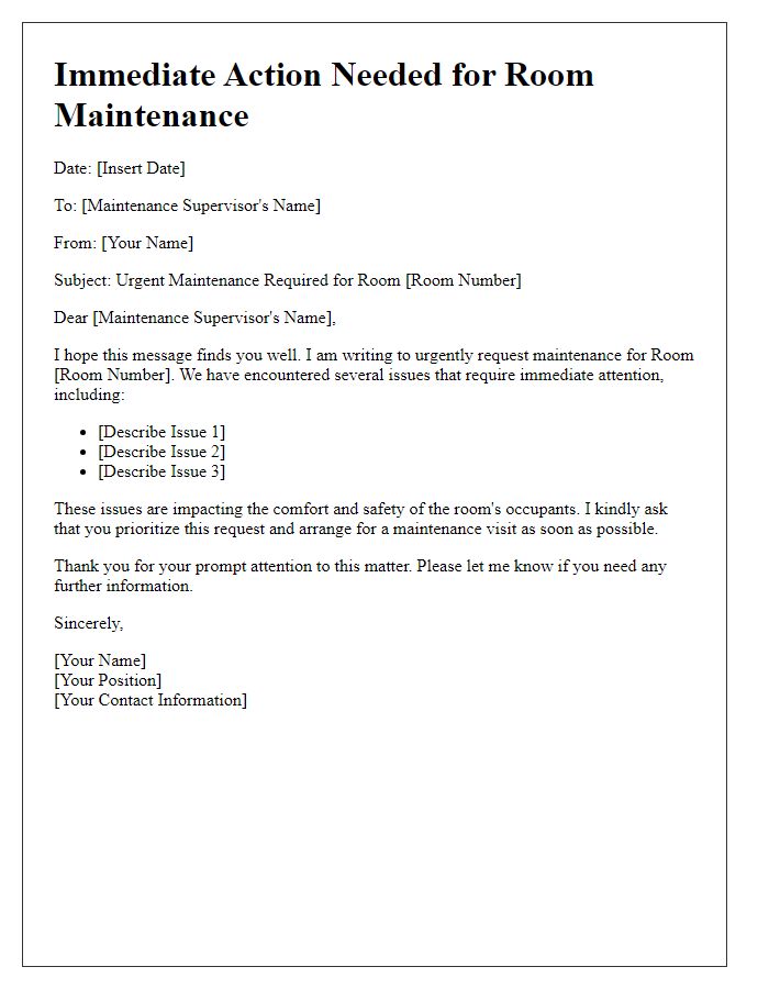 Letter template of Immediate Action Needed for Room Maintenance