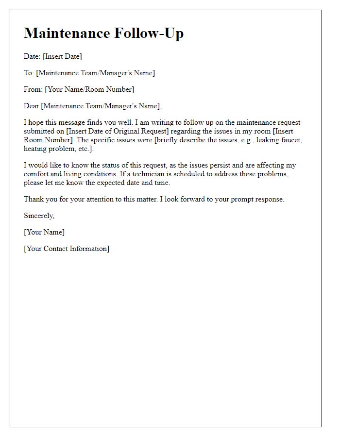 Letter template of Maintenance Follow-Up for Room Issues