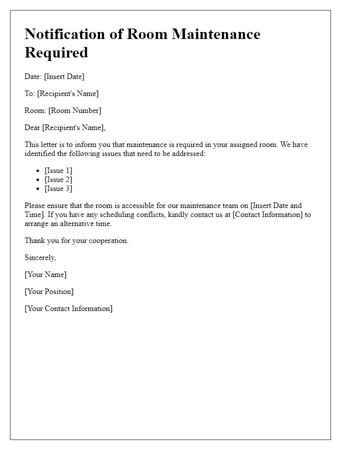 Letter template of Notification of Room Maintenance Required