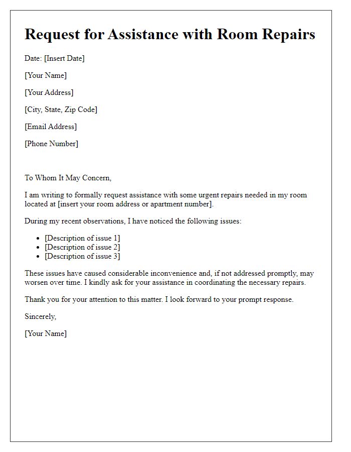 Letter template of Request for Assistance with Room Repairs