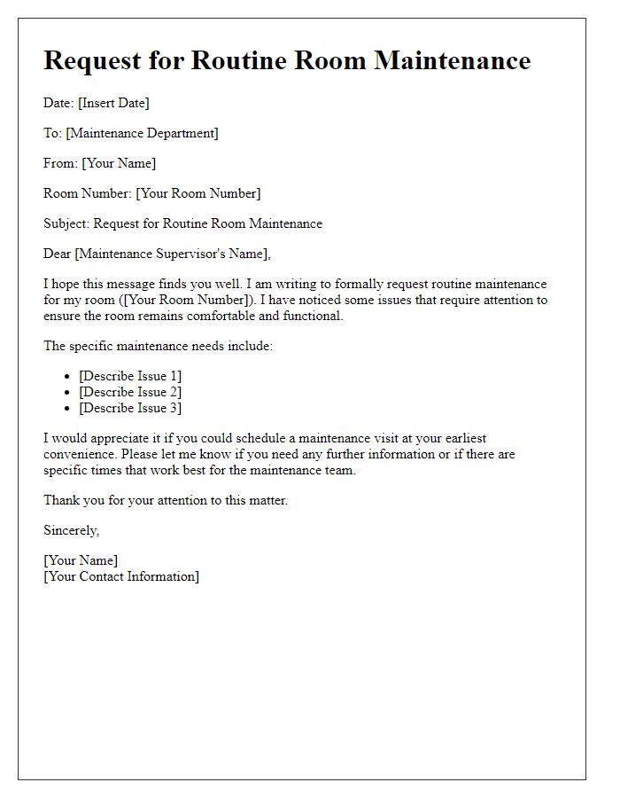 Letter template of Request for Routine Room Maintenance