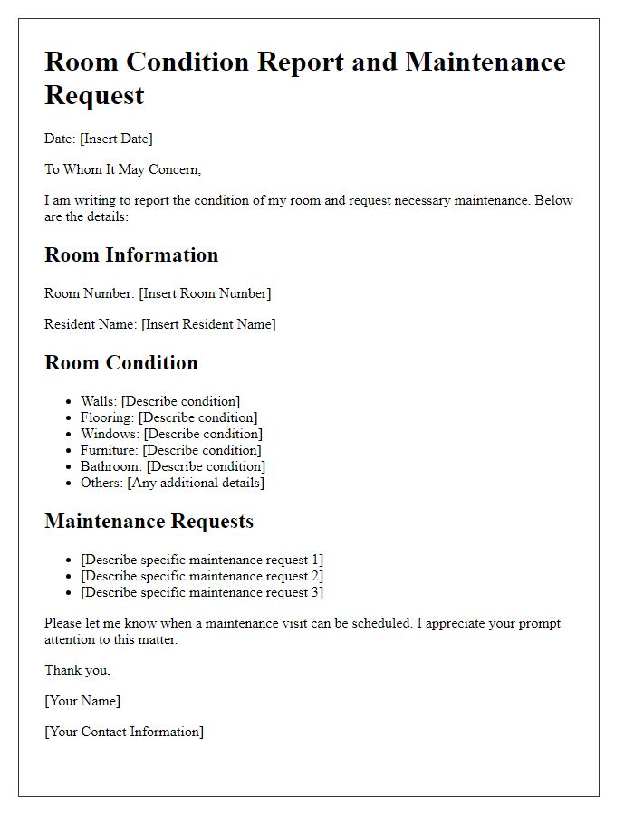 Letter template of Room Condition Report and Maintenance Request