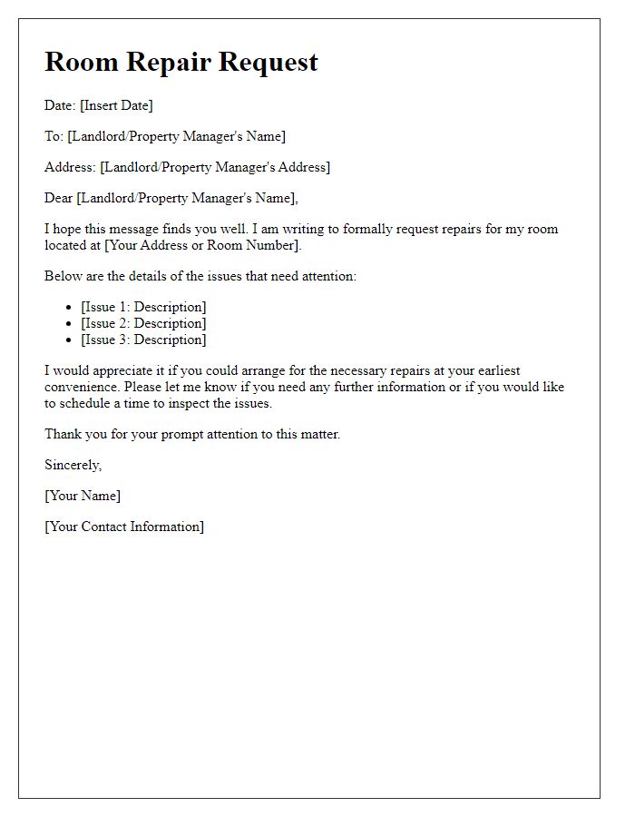 Letter template of Room Repair Request