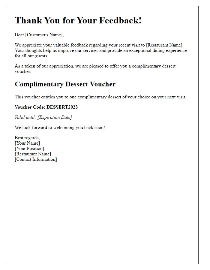 Letter template of complimentary dessert voucher for feedback appreciation