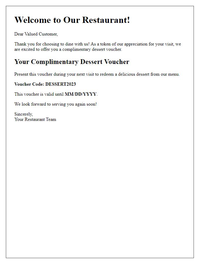 Letter template of complimentary dessert voucher for new customers