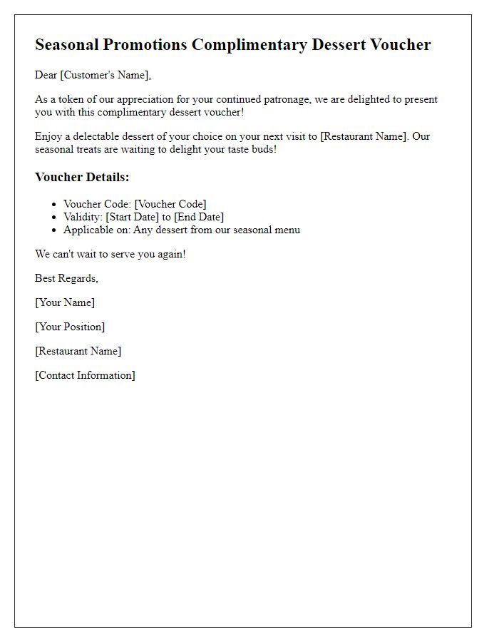 Letter template of complimentary dessert voucher for seasonal promotions