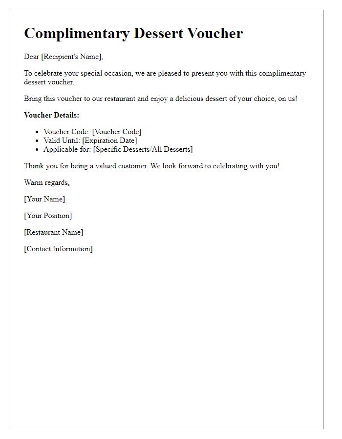 Letter template of complimentary dessert voucher for special occasions