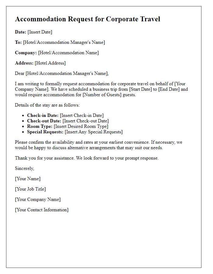 Letter template of accommodation request for corporate travel