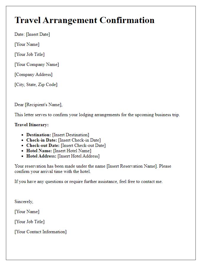 Letter template of business travel lodging arrangements