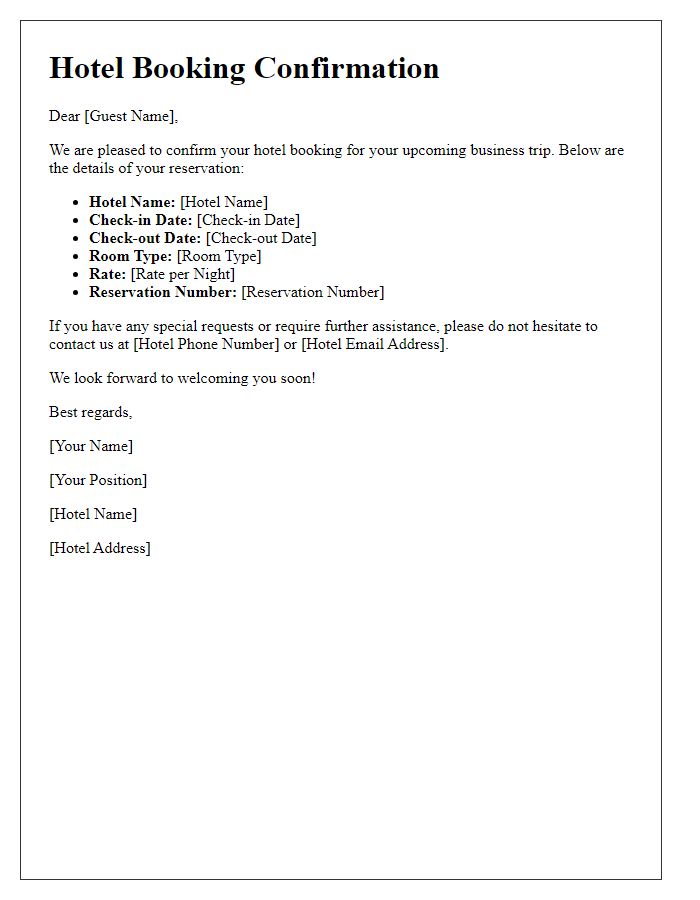 Letter template of hotel booking for business trip