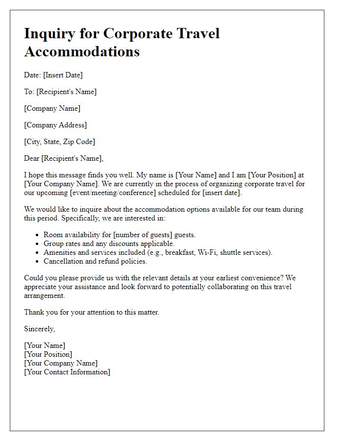 Letter template of inquiry for corporate travel accommodations