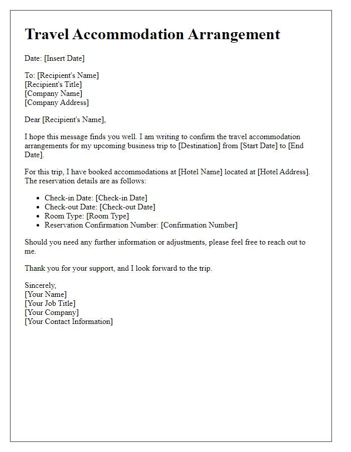 Letter template of travel accommodation arrangement for work