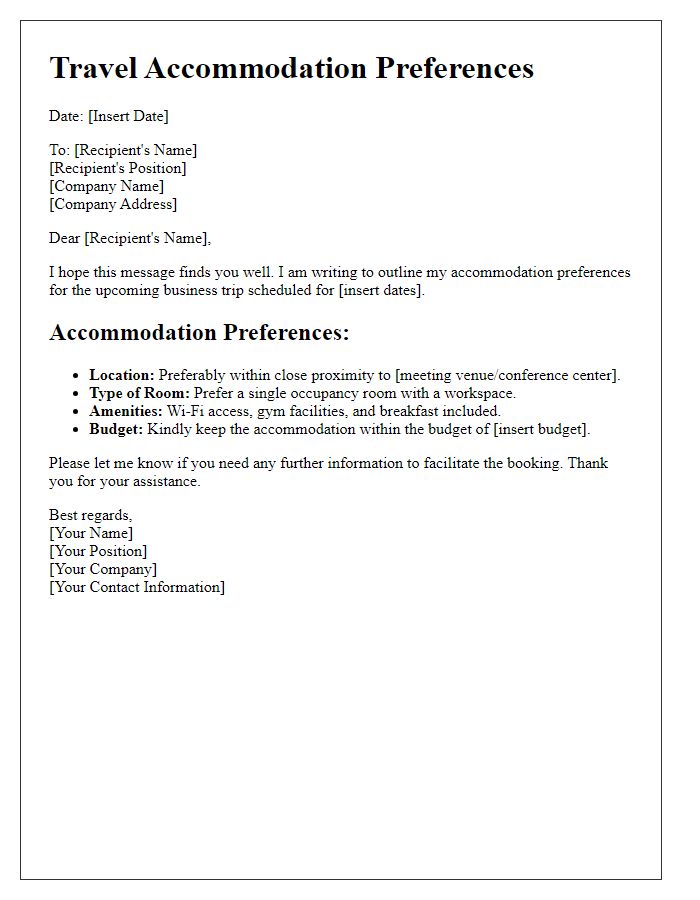 Letter template of travel accommodation preferences for business purposes