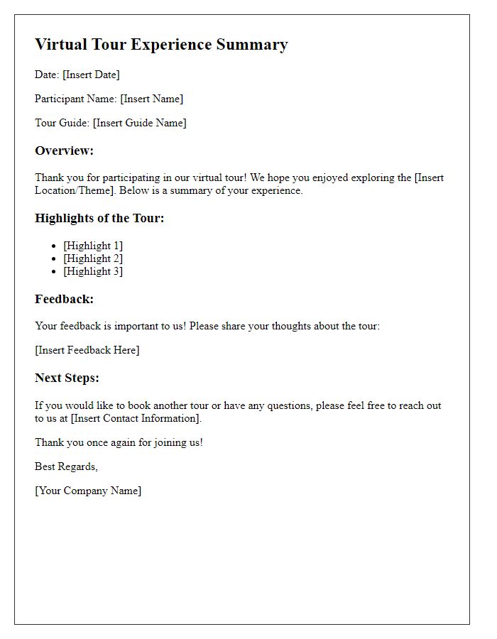 Letter template of virtual tour experience summary