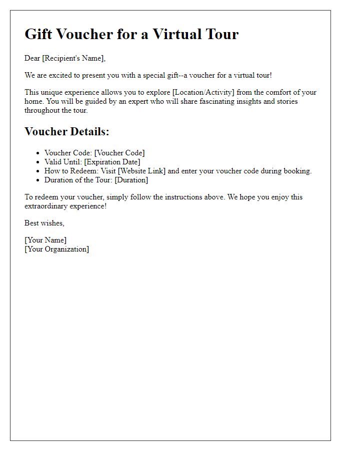 Letter template of virtual tour gift voucher explanation