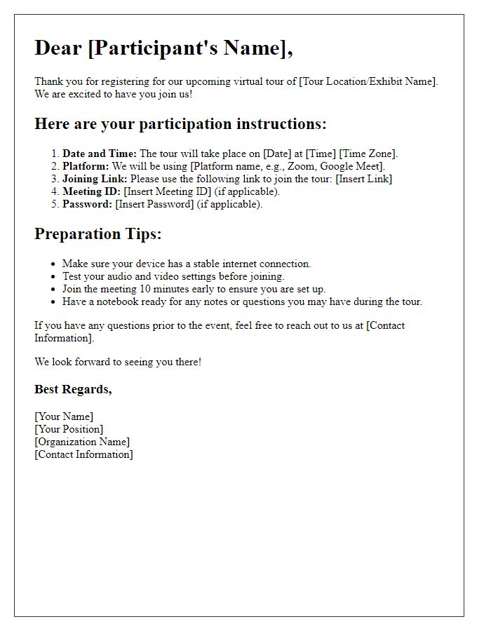 Letter template of virtual tour participation instructions