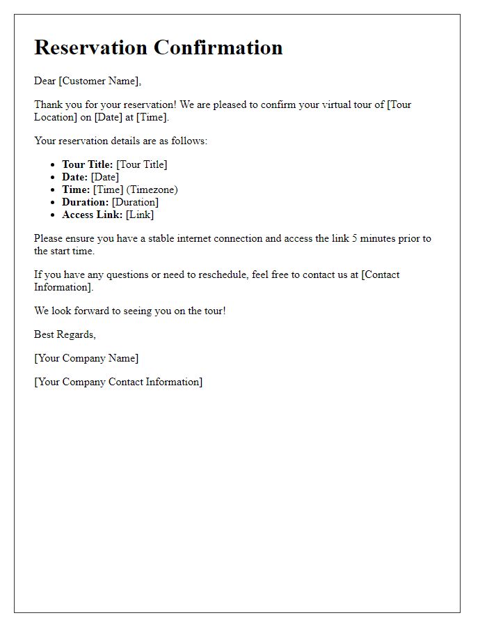 Letter template of virtual tour reservation confirmation