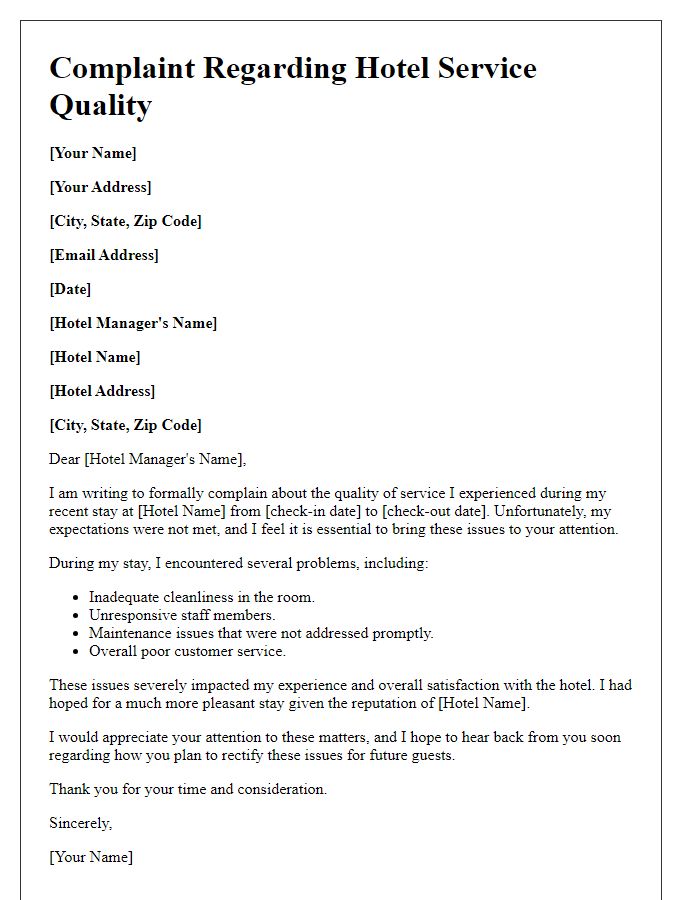 Letter template of complaint regarding hotel service quality.